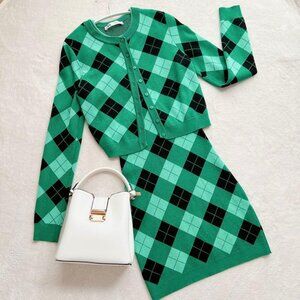 Zara Green and Black Argyle Knit Dress NWOT